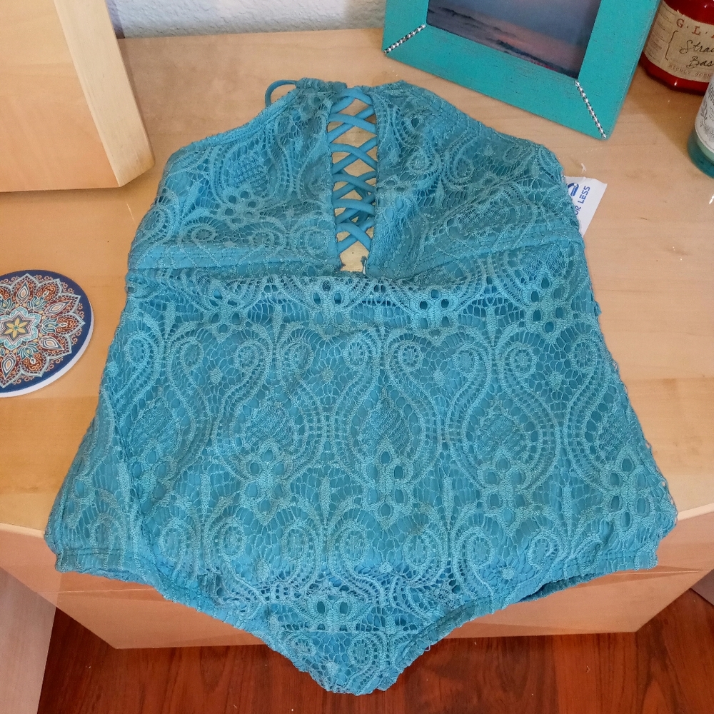 Aqua crocheted one piece swim suit